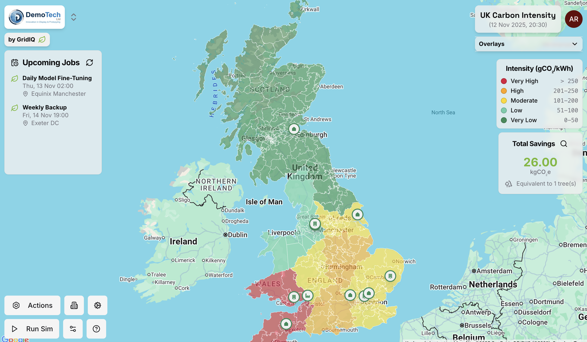 GridIQ map view showing carbon intensity across Great Britain